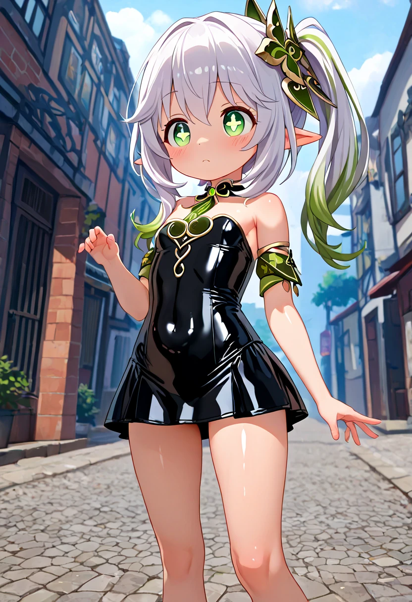 Kuki Shinobu| Genshin Effects, Masterpiece, best quality, 1 girl,25 years old, proportion body, proportion., long hair, wedding dress, wedding dressสีขาว, long skirt, Medium bust, ,only, choker, standing in the middle of a flower garden, outdoor, The sky is beautiful, arms behind, attached to the wall, Looking at the audience from the front., thigh strap, tilt your head, bored, 10, 10, high resolution, smile a little,