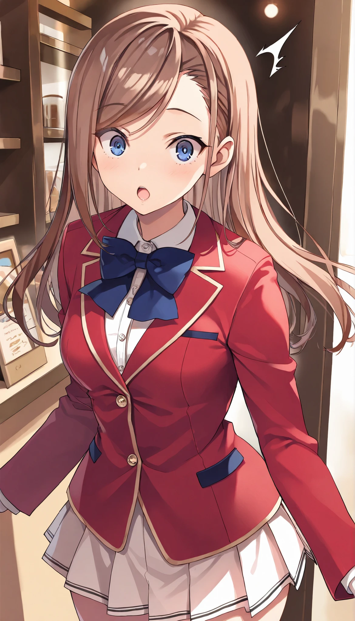 masterpiece, best quality, highres, 1girl,solo, matsushita, swept bangs brown hair, white skirt, red blazer(closed blazer, buttoned blazer,two button), blue bowtie, shirt,thigh ,standing, cafe shop ,cowboy shot, surprised face ,perfect light, from front ,spread arms ,open mouth ,glossy lips