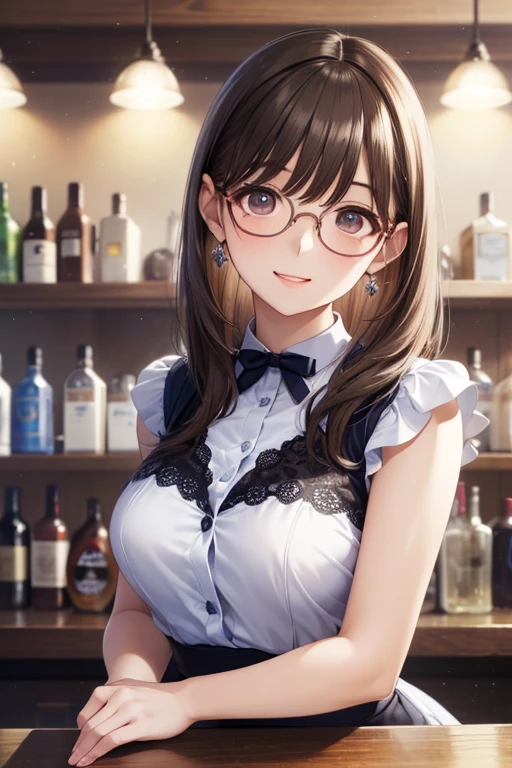 (Highest quality, 8k, 32K, masterpiece, Ultra-high resolution,:1.2),to be born, One Girl,So cute ,Cafe, A fantasy background reminiscent of an electronic world, clear, Shining Eyes, Age 25 ,Fair skin, Brown-haired girl, apron, An innocent smile, blue eyes, Pierced ears sparkle, An elegant necklace adorns her slender neck., Rings and bracelets decorate the fingers. expensive_Big Breasts, Big Breasts, doctor, Long Hair, Glasses, Sexy Costumes, Side Tail, Dynamic pose