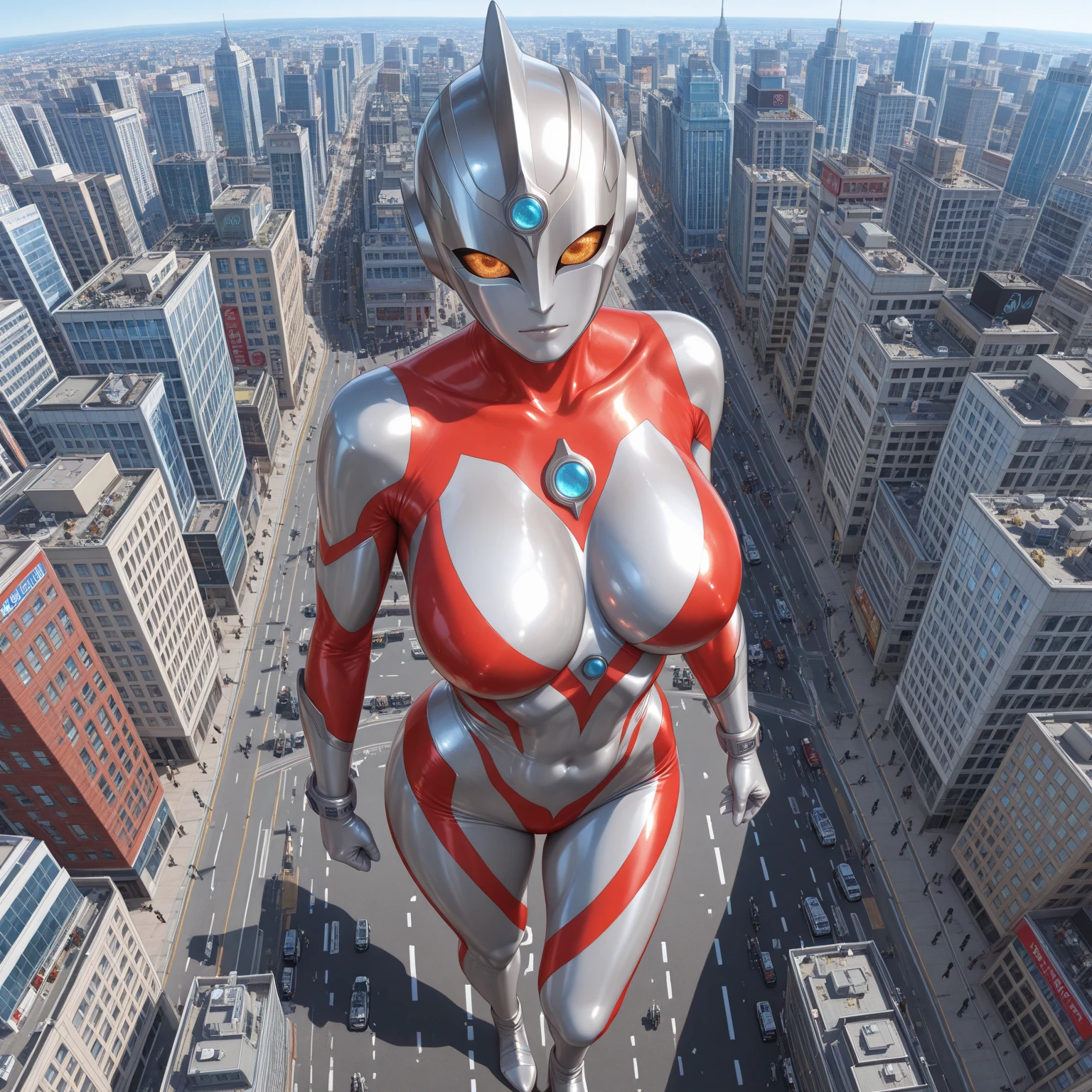 Arafat, wearing a red and white suit, stands on a ledge in front of the city, Feminine body, Ultraman, Full body! asuka suit, Anime CGI style, Giantess Art, Perfect anime woman, Female body, Anime CGI, Super giant super realistic, Hero pose colorful city lights