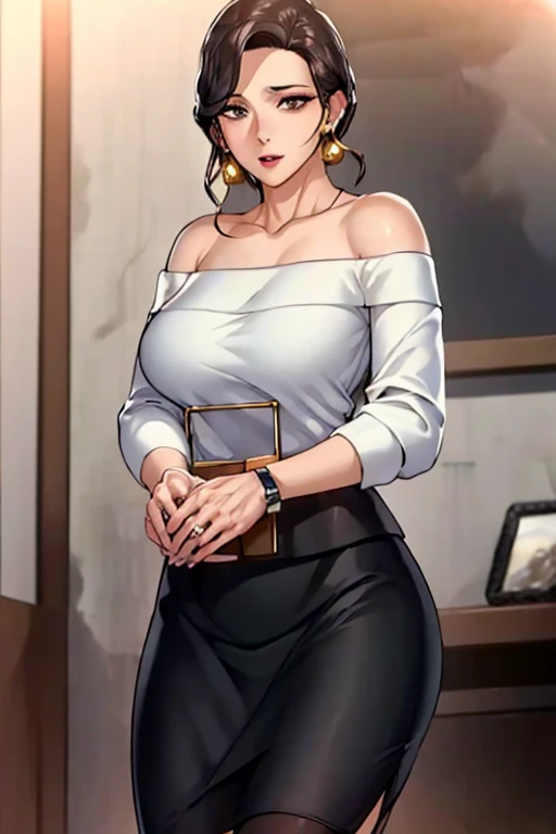 masterpiece, best quality, highres,st1, short hair, hoop earrings, black skirt, wristwatch, off-shoulder sweater, pencil skirt, collarbone, large breasts, cowboy shot, standing