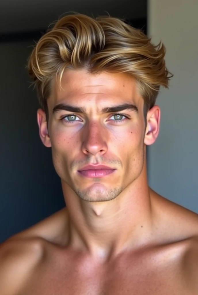 One guy , really handsome, Russian guy, blonde hair, blue eyes, very white skin, cute smile, whole body , young , cute face , naked, 1