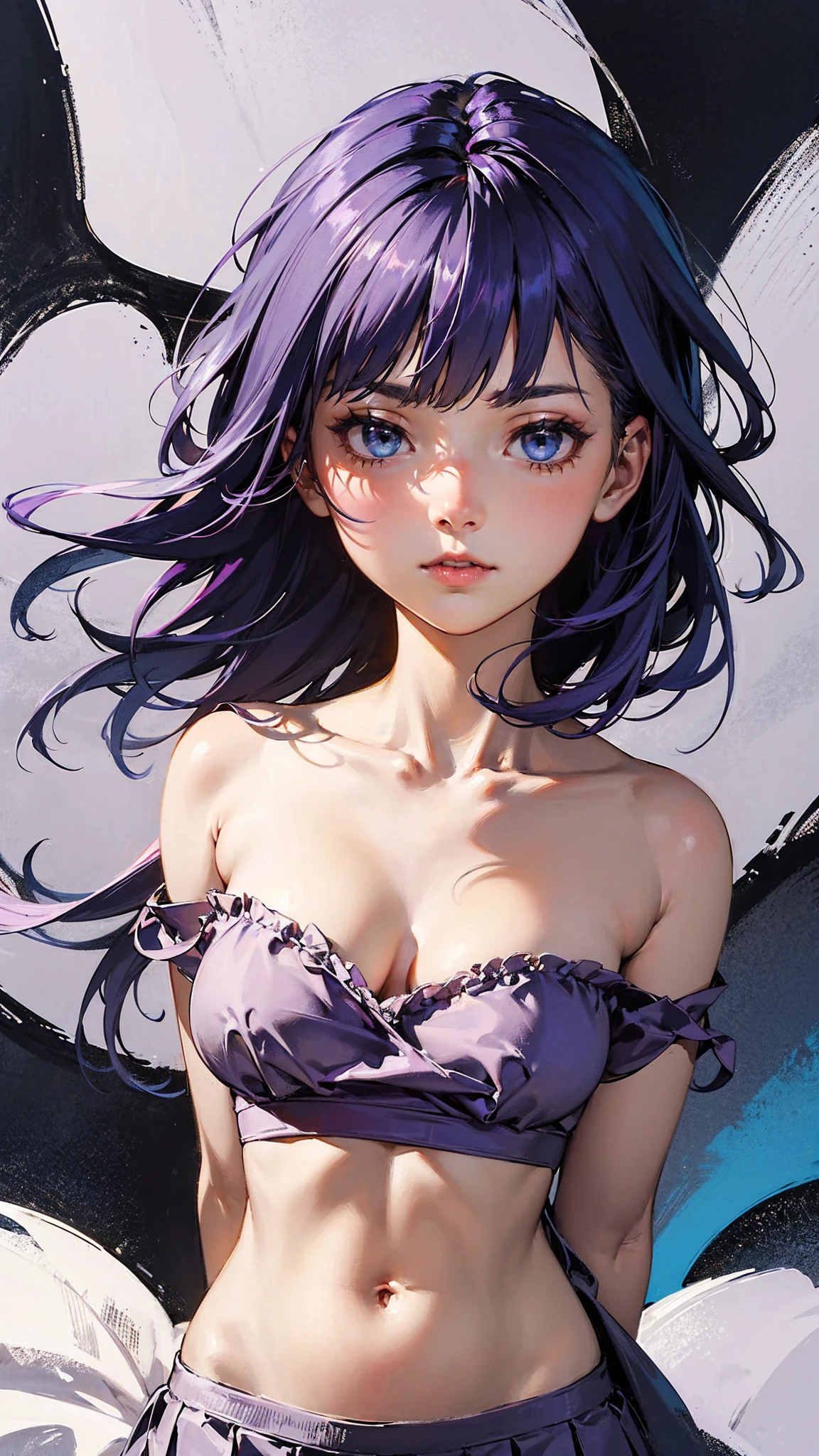(Top resolution、Distinct_image)top-quality、A girl、masterpiece、highly detailed 、Semi-realistic、blue eyes 、18year old、young 、Exquisite facial features、Facial features ,variation potrait, big breasts, injured, ruined city background, dark blue hair with puple hilight , long hairstyles, zombies apocalypse, teenage, cool , cold sharp eyes, surviving, wear white tank top, and jacket,grey Miliary pants