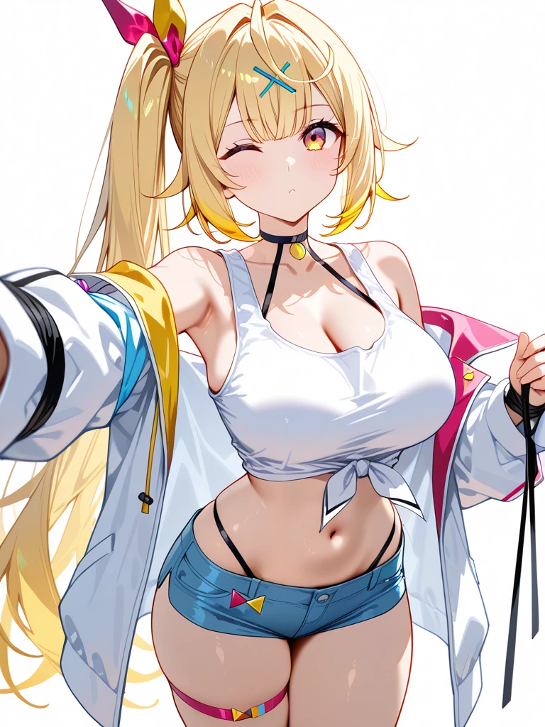 Beautiful blonde woman with white hair and white jacket is depicted in front of Mr./Ms.'s colorful and electronic background, long hair, thighs, hair above one eye, breasts, 1girl, navel, hair ornament, jacket, pointed ears, nurse cap, skirt, black jacket, smile, open clothes, underwear
