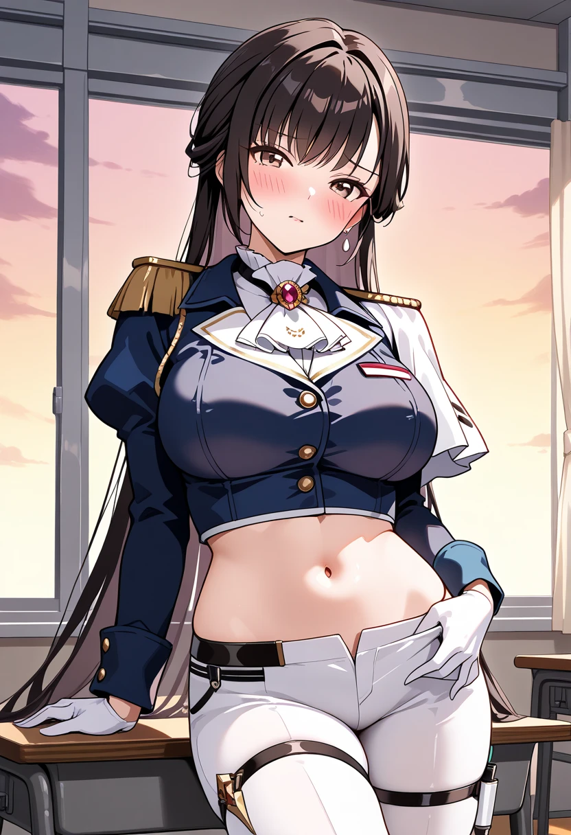 masterpiece, cute,beautiful,best quality, 1lady,black hair,long hair,glowing eyes, (finely detailed empty pupils and detailed face),,,,extremely detailed picture unity 8k wallpaper,solo,(latex military costume:0.9),large breasts,seductive smile,military hat,latex thighhigh,large breasts,black hair,pink eyes,pink leotard,pantyhose,military coat,enamel suits,grossy lips,sitting,bust shot,sadistic smile,,heel,