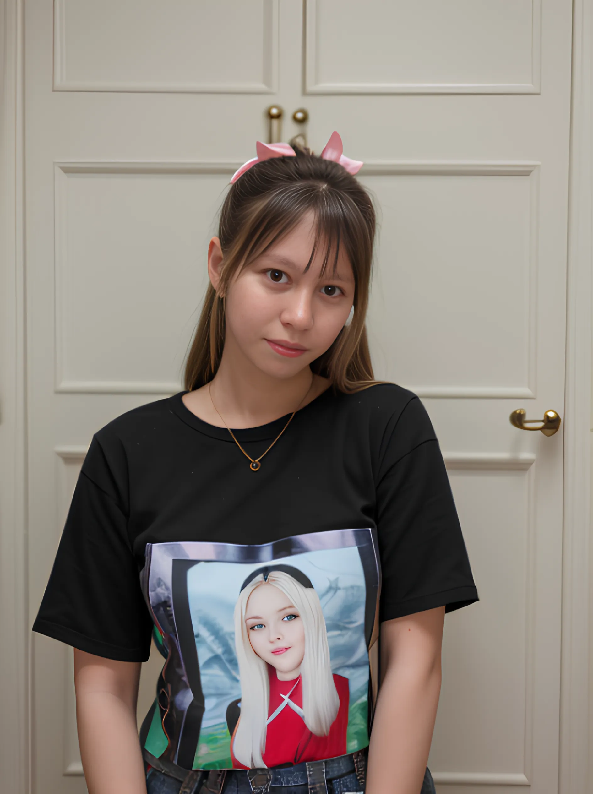 Bright Red in White, (Masterpiece 8K TopQuality:1.2) (ProfessionalPhoto:1.37) PUNIPUNI ExtremelyDetailed (((KAWAII girls in "Super Bitch" T-shirt:1.4))) from above