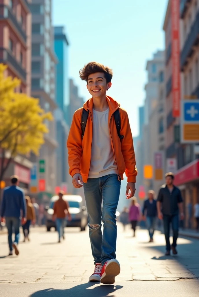 Animation A boy walking down the street with people smiling at him