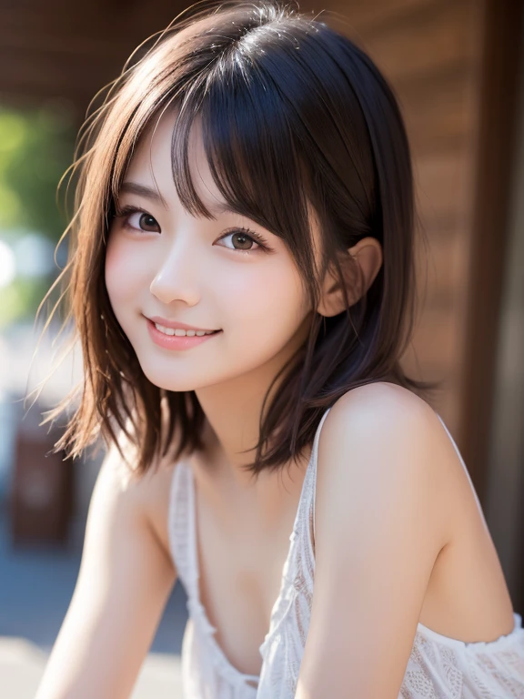A realistic portrait of a young Asian woman with a natural smile, soft lighting, and warm evening sunlight. The background is an outdoor setting with a gentle sunset glow. The image should capture her youthful features and the serene atmosphere of the moment. High detail, high resolution, and photorealistic style、((Upper Body:1.3))