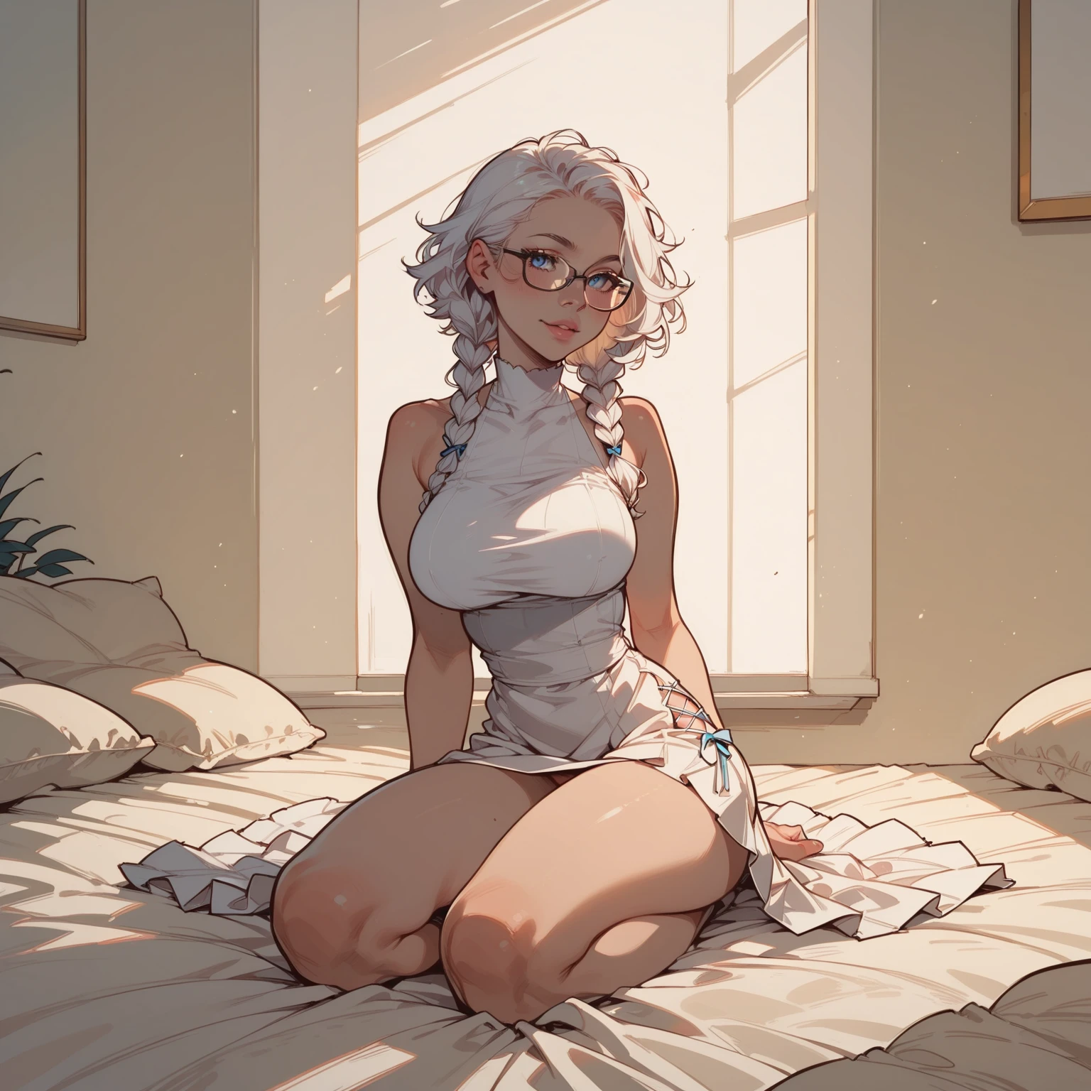 Cute 18 yo (albino:1.4)woman of Slavic descent.(short:1.1), long white hair, gray eyes, ((very pale:1.4)). Innocent look. Gentle spirit.(virgin), Eyeglasses, mascara,((black sheer lace lingerie and stocking)),(joy),(love), candle lit room, special night.(aroused).Masterpiece, (highly detailed:1.2),(detailed face and eyes:1.2), 8k wallpaper, Moody lighting. core shadows, high contrast, bokeh.