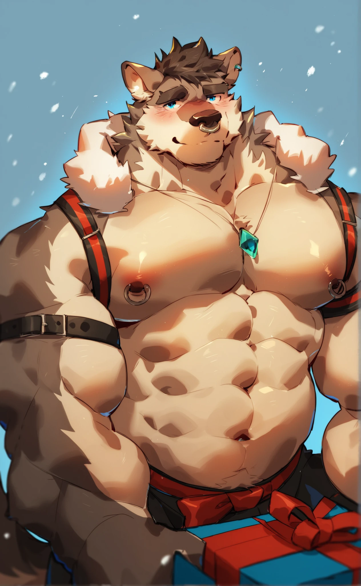 Chubby, male, furry, fluffy, Covered scars, bare chest, hot, wet, abs, wide body ,Looking at viewers, thick beard , dark gray beard, anthro bear, gray body, white furr chest, wide body, big chest,(ahegao) ,salivating, thick thighs, loincloth, bulge,barely visible genitals, detailed genitals outline , Hands behind head, eyes closed, nipples ring,by hyaku , by darkgem