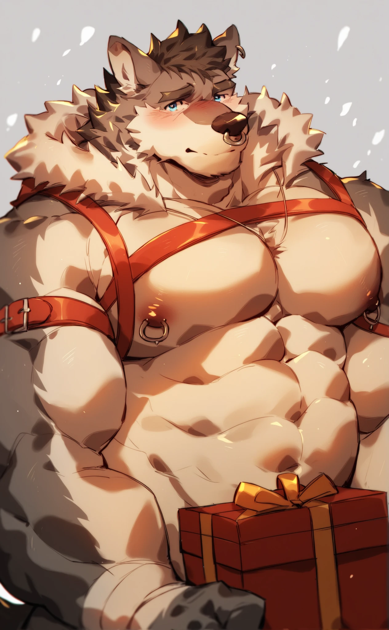Fu Rui,hairy,kemono,Bear Man,Bear-like person,robust,Muscle Orc,Strong muscles,Topless,Wear underwear,White,Chastity Lock,Kneel down,Hands on the ground,Smile,blush,Being hypnotized,Be roped,Sticking out tongue,Look at the camera