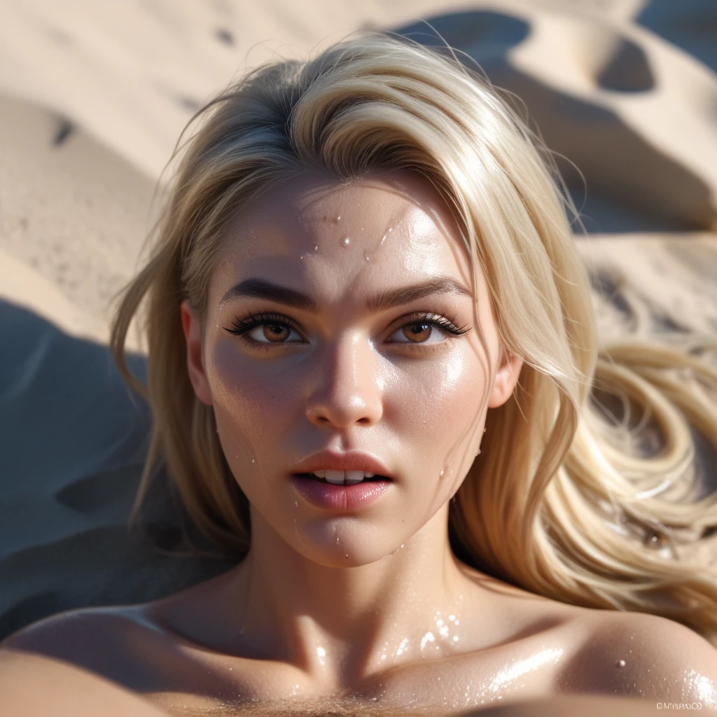 A stunning and seductive portrait of a blonde haired female elf model.., elegantly lying face down on the seashore bathed in the sun. The model, elegantly naked, is on your side, with his head resting on his hand and a captivating look. His left arm and hand delicately sculpt his body.., revealing the sensual curves that make her irresistible. The waves caress your skin creating a magical connection with the seascape... Esta imagen encantadora combina elementos de la fashion y la Photography de retratos en una obra maestra verdaderamente cautivadora e inolvidable., Photography de retrato, kinematics, fashion, Photography