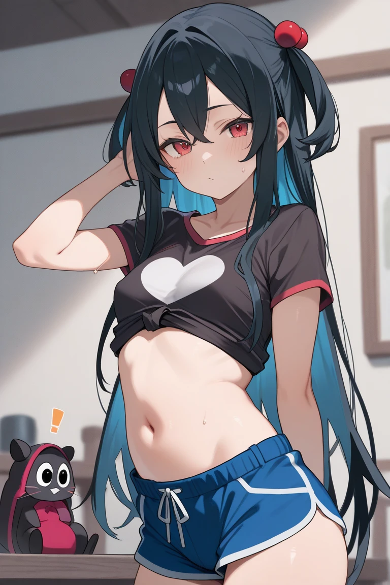 masterpiece, beautiful, 4k, detailed, intricate details, , shota, overalls, jean overalls, cuffed overall, long ponytail turquoise hair, ((??turquoise hair)), (((red eyes)), smile, slight smile, 1boy, young delicate prince, shirtless, overalls over skin, bare shoulders, bare sleeves, bare arms, facing forward, side cut, torso shown, leaning forward, flat chest,(nsfw:0.55), ((flat chested, flat stomach, baby face)), (intense colors)