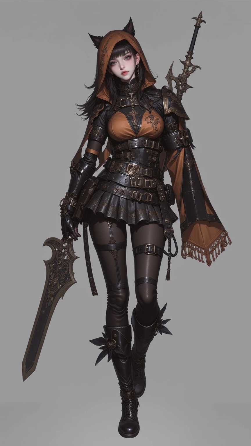(high resolution, pixel perfect, gorgeous illustrations), (hyper quality, muste piece, etheric: 1.4), ((nsfw)), (cowboy shot), face focus, ((1girl)), (((boyish))), (((18 years old))), (hairy_woman), (((((punk))))), hot Rocker punk girl, ((((skirt lift, open stance)))), cool atmosphere, black hair, ((((very_short_hair, slicked_back_hair)))), (((piercing))), eyelid_piercing, nose_piercing, (((Exquisite face, angry))), ((black_lips)), tattoo, ((((muscular_female)))), (ideal ratio body proportions, slender, small breasts), fighter, (((wh_chi_armor))), ((((panties under pantyhose, cameltoe)))), shiny skin, gleaming skin, simple background,