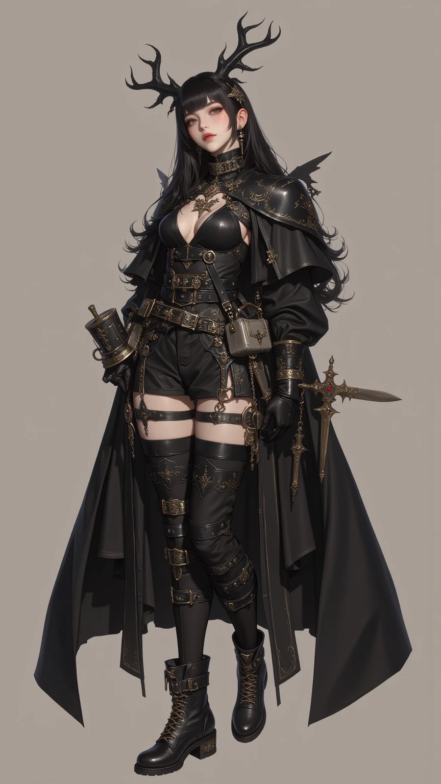 ((highest quality)),(Ultra-high resolution),(Very detailed),(Detailed Description),((The best CG)),(A masterpiece),Ultra-detailed art,Amazing drawing art,(Art with exquisite detail:1.5), (Woman in black long coat:1.7),(Chest accentuated by harness:1.5),(Stiletto long boots:1.2)