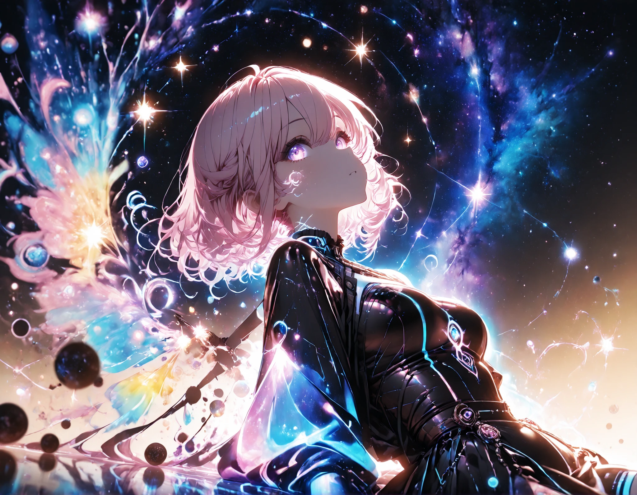 1 girl, violet eyes, light pink hair, short hair, cool, beautiful, medium breast, very cute, lovely, kawaii,
character focus, depth of field, glowing particles, glowing, reflection, gold theme, ,,Colorful Light, Very Shiny, Very Luminous, Very Colorful, Very Glowing, Darkness, Starry Stars Cloud Colorful, Colorful Glowing Body, Colorful Glowing Skin, Colorful Glowing Clothes. ethereal girl floats weightlessly. vast galaxy sky, laying on her back, floats effortlessly amid swirling nebulas, distant stars, and glowing cosmic dust, flowing dress billow gently, trailing luminous streaks of stardust. celestial fabric, Short dress. shimmers with deep cosmic blues, purples, and iridescent star-like accents. resembling swirling galaxies and nebulae. Delicate sheer layers. intricate constellation embroidery. subtle metallic and holographic elements capture the twinkling vastness of space. radiant stars are scattered. otherworldly glow. beams of light are cast across cosmos. nebulas swirl with rich colors accented by delicate gold. -definition, ultra-detailed effect.
Rendered in 4K ultra-detailed, hyper-realistic, cinematic lighting, with soft ambient glows, rich textures, depth of field, and stunning contrast, this breathtaking artwork immerses the viewer in a serene yet powerful celestial dreamscape.
, Hiori Light Art, Backlight, novuschroma64 style