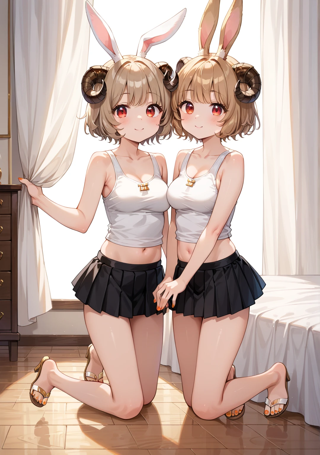 Anime girl with cat ears and pink skirt posing for a photo, she has dark hair with long braids, dwarf girl, grey eyes, bottom view, blushed, we are panties, I see your pussy, sitting on the wooden floor next to the wall, spread and raised her legs, legs raised up, Squats, small pussy, close-up, spreads pussy with hand, her pussy is wet, She is satisfied, water flows from her pussy, she fell asleep, She's asleep, there is a small puddle on the floor, which flows from the pussy, tight pussy