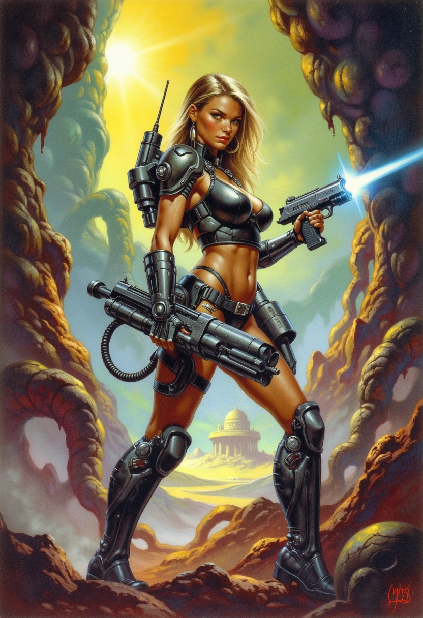 Photo-realistic, Arafed tall woman in a bikini posing on a black base, long blonde hair, long black boots, bikini with space suit element design, full pose, sexy pose, gorgeous style, full body close-up shot, on the right thigh gun holster, holding gun in right hand, inside a spaceship, a woman in a bikini sitting on a surface with a gun, inspired by Masamune Shirow, knights of zodiac girl, pinup. lord of daggers, inspired by Clyde Caldwell, lodoss, portrait knights of zodiac girl, gorgeous, inspired by Barclay Shaw, dorian cleavenger