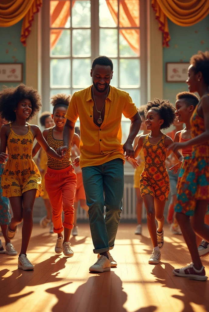 a group of people dancing in the street with an SUV behind them