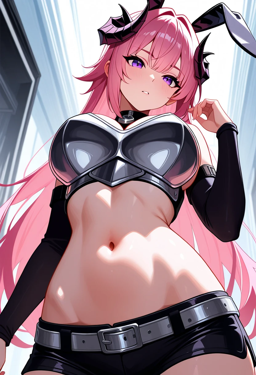 A pink haired woman with violet eyes is blushing in a chair