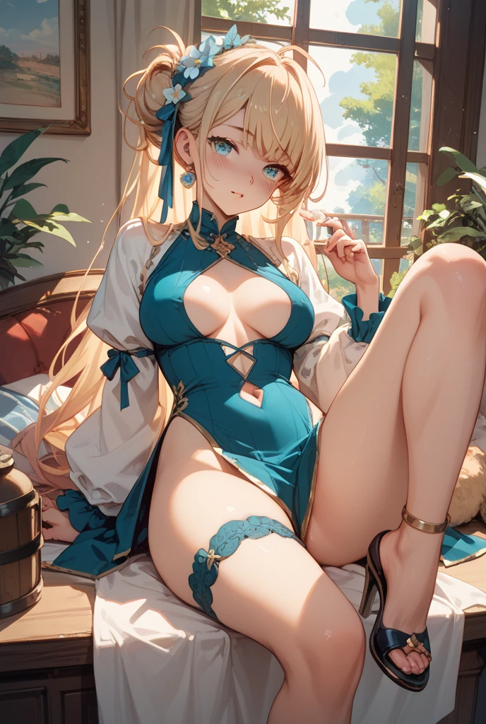hatsune Miku、(ultra Realistic), (An illustration), (Highres), (8K), (highlydetailed), (the best illustration), (Beautiful Detailed Eyes), (beste Quality), (Super Detailed), (Master peace), (Wallpapers), (Detailed Face), solo, 1girl, Aristocratic dresses、White hair, Iris heterochromatic eyes, small moles under eye, medium chest, Long legs,Stunning composition,Foot braids,Beautiful and detailed legs