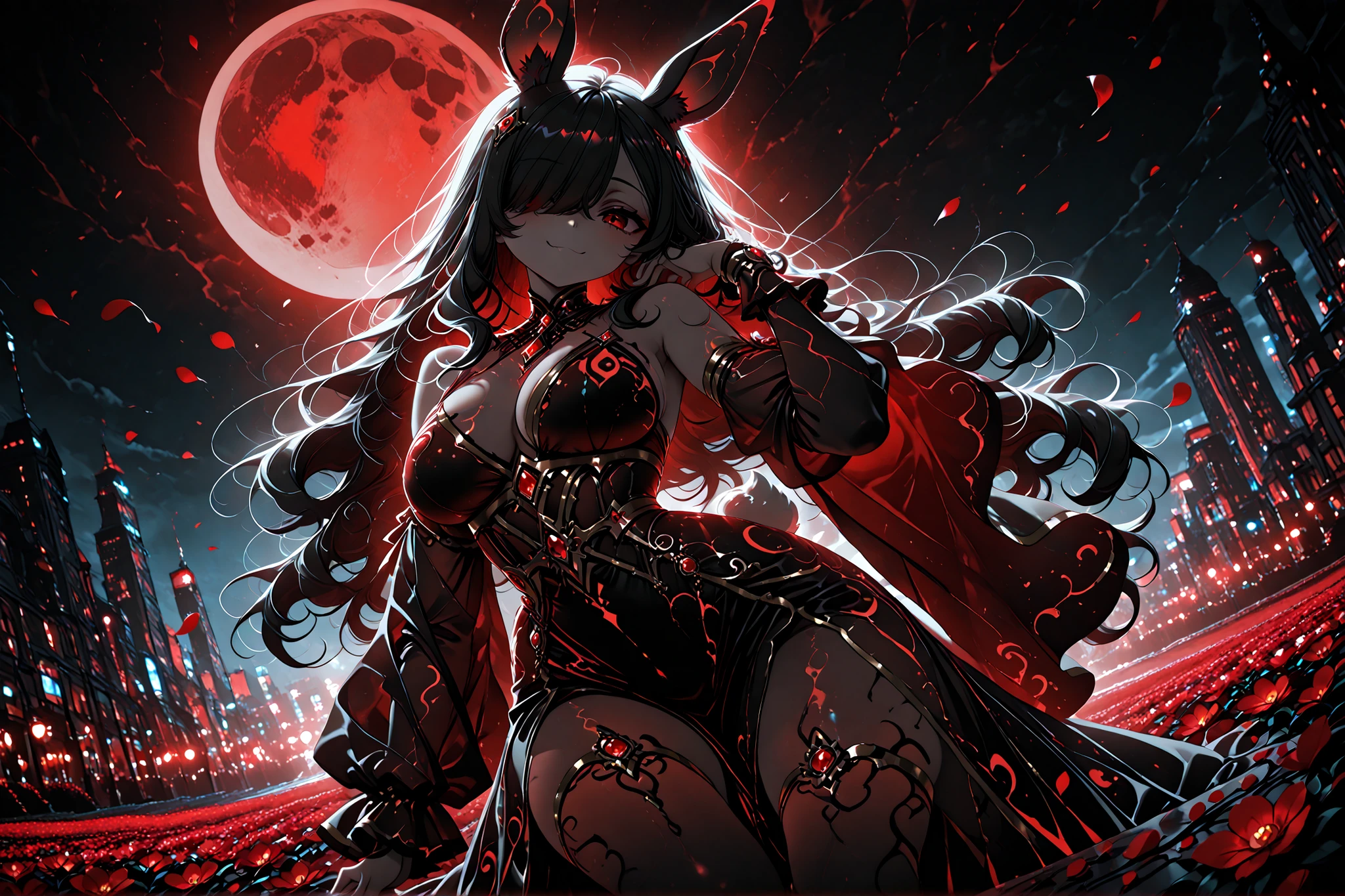 1girl, Kuroki Monika, black hair, very long hair, hair over right eye, red eyes, large breasts, (petite but curvy, very cute),
, elegant gown, flowing hair, soft light, glowing dress, gold embroidery, gemstones, bold_primary_colors, vivid_contrast, intricate_details,large anime eyes, Vivid color palette, soft shading, minimalist details, dreamlike atmosphere,glow_ink, neon_reverie, translucent_paint, rabbit ears, rabbit tail, animal ears, detached sleeves, breasts, bare shoulders, wide sleeves, dress, animal ear fluff,glow, neon reverie, translucent, evil smile, hand on face, red full moon, dark theme, red theme, black theme, flower field, petals, swirling, photo background, city in background, black theme, red theme, moody colors, dramatic, dramatic lighting, dramatic shadows, cinematic, cinematic lighting, cinematic shadows, cinematic composition, masterpiece, best quality, amazing quality, absurdres, ultra-detailed, very aesthetic, (((dynamic angle))), foreshortening, closed_mouth, looking_at_viewer, serious, (((dynamic pose)))