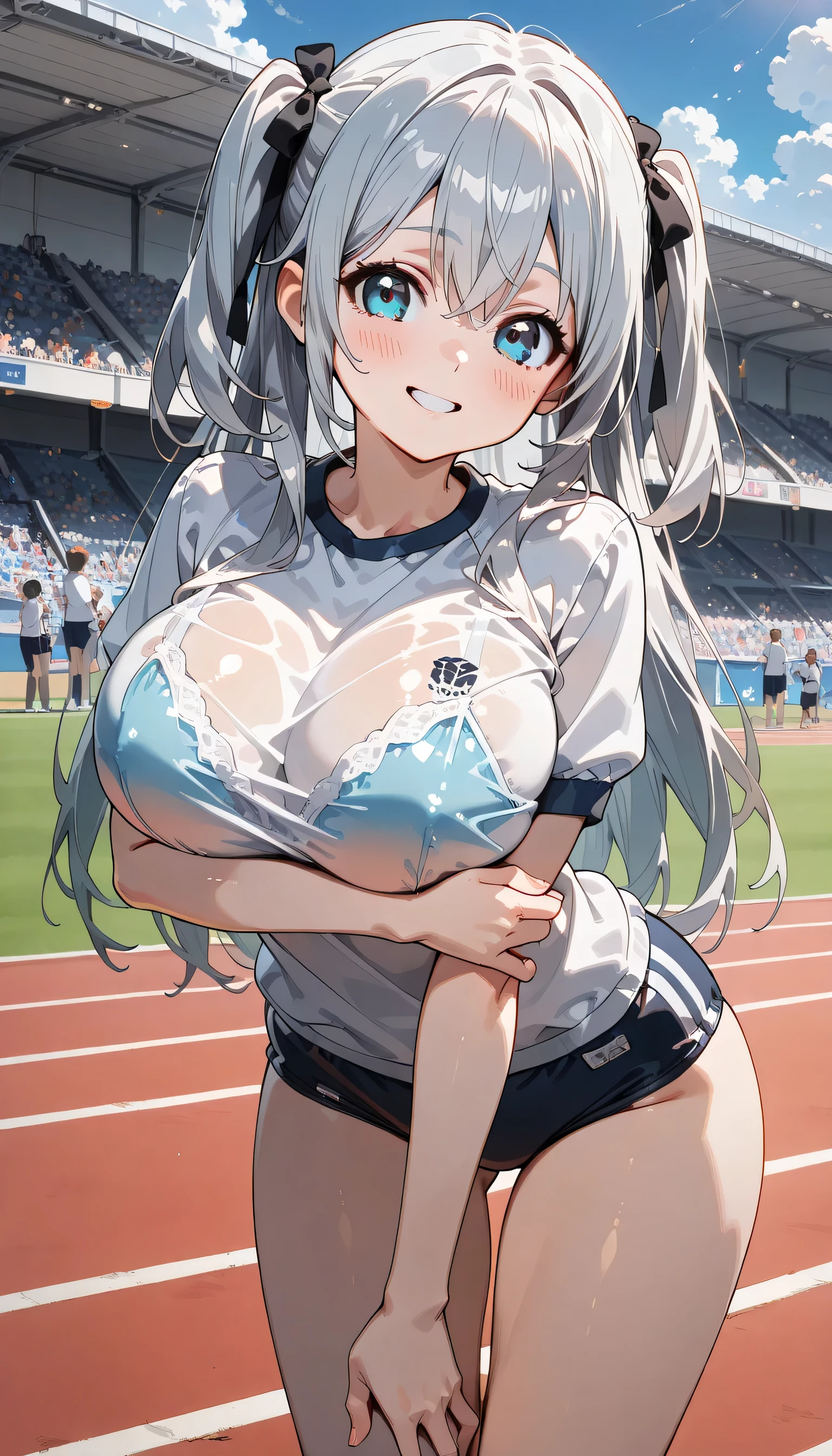 muste piece、masterpiece、highest quality、Super detailed、High resolution、8K portrait、Unity 8k壁紙のHigh definitionCG、cute type little:1.5、Lori:1.5、Highly detailed CG unity 8k wallpaper、Realistic、real person、 portrait photography、shiny skin、High definition、(:1.2)、(1 girl)、beautiful clear eyes、extremely detailed description、delicate face、nice lips、slender body、medium breasts 同 thin waist、thin legs、(Atlantic stadium track:1.6)、1 girl, cute type, perfect face, seriously, (blush:1.5),(silver hair long hair:1.3),medium breasts 同,((short sleeve gym clothes:1.2)),(((clothes lift:1.5))), (((I have nipples))),(pussy:1.2),(((climax in vagina:1.5))),((Calisthenics:1.2))