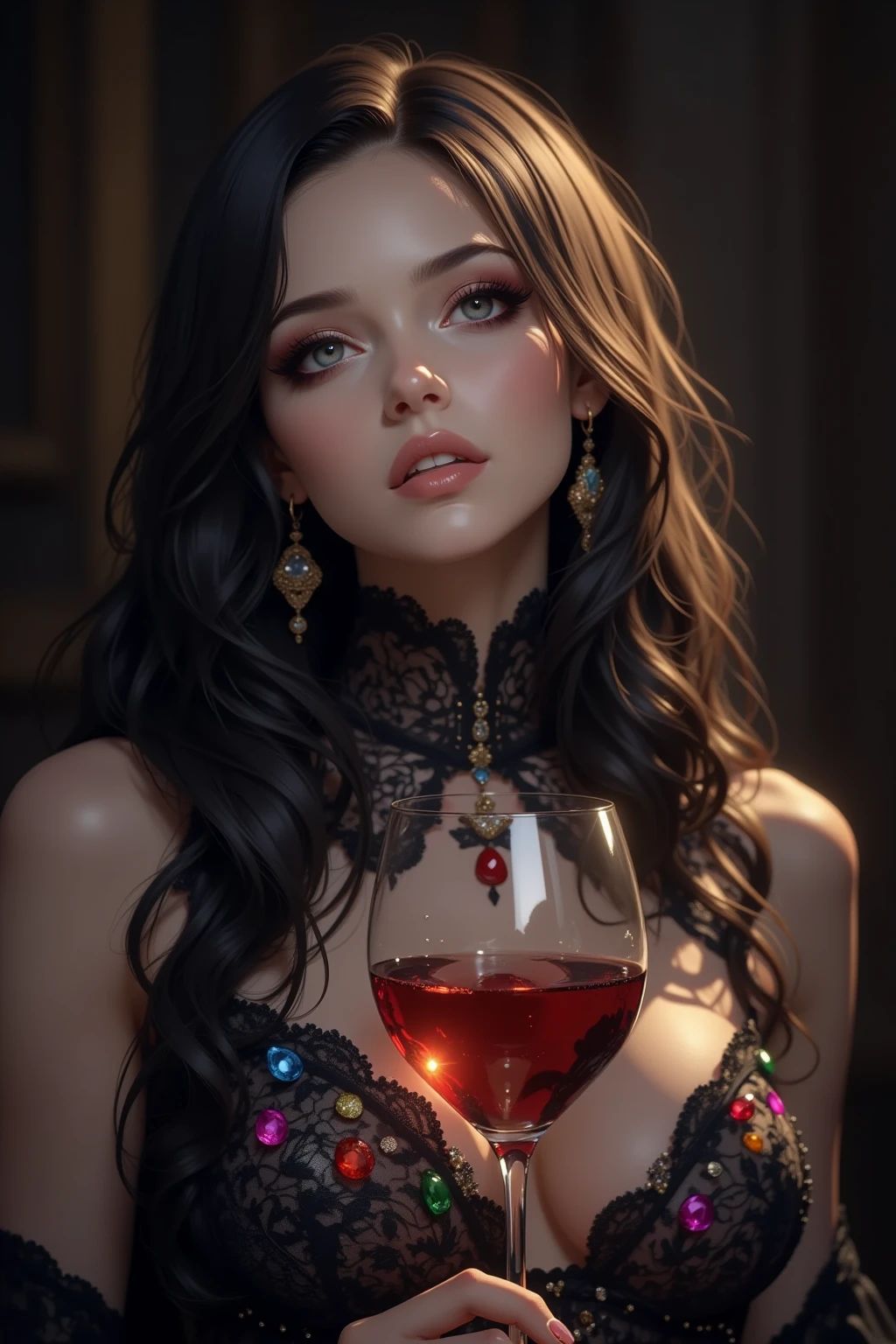 animesque,Illustration of a girl,Clear skin,Brown eyes,Red Lipstick,Graceful posture,Soft smile,Flowing hair,Crystal clear glass in her hands,The liquid in the glass shimmers mysteriously