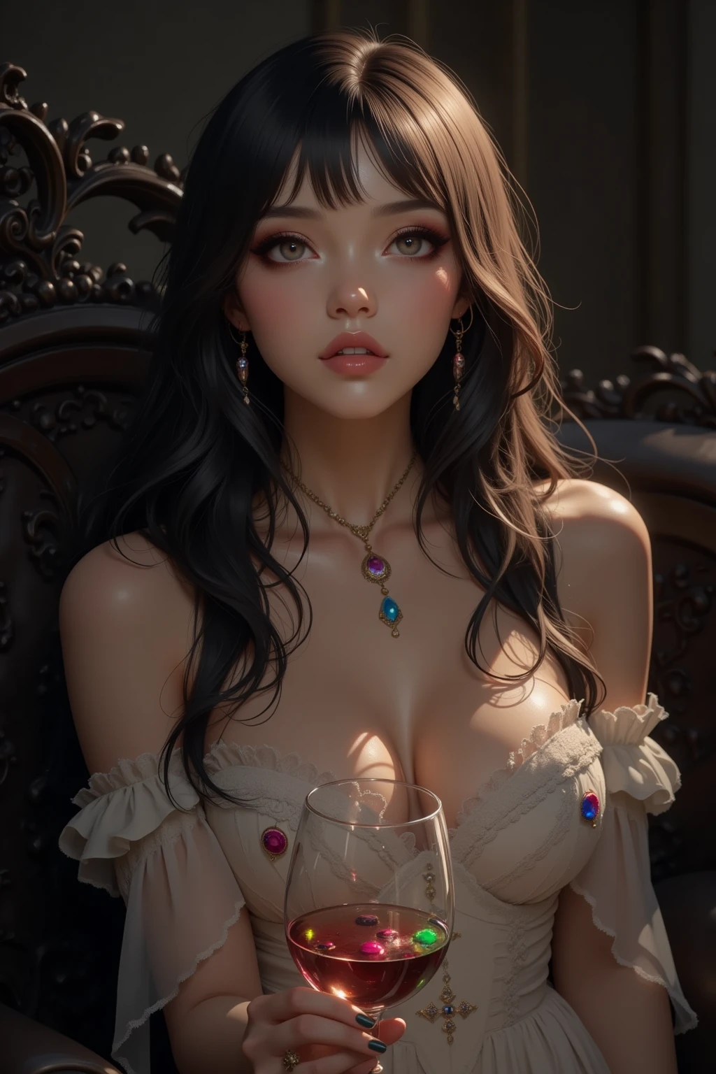 1 female, beautiful egyptian godess woman, 25 years old, long black hair with bangs, exotic skin, small head, blue eyes, medium breasts, black skin、she showing apple and wish yoy to come for bite, in left hand she keeping a glass of champagne, black and red sexy costume, full body portrait、masterpiece, ultra hd, realistic masterpiece, blurred background of orgy, in hot action, megapolis oasis, relaxed pose, lip whole, perfect hands, perfect eyes, perfect face, perfect details, sharp focus
