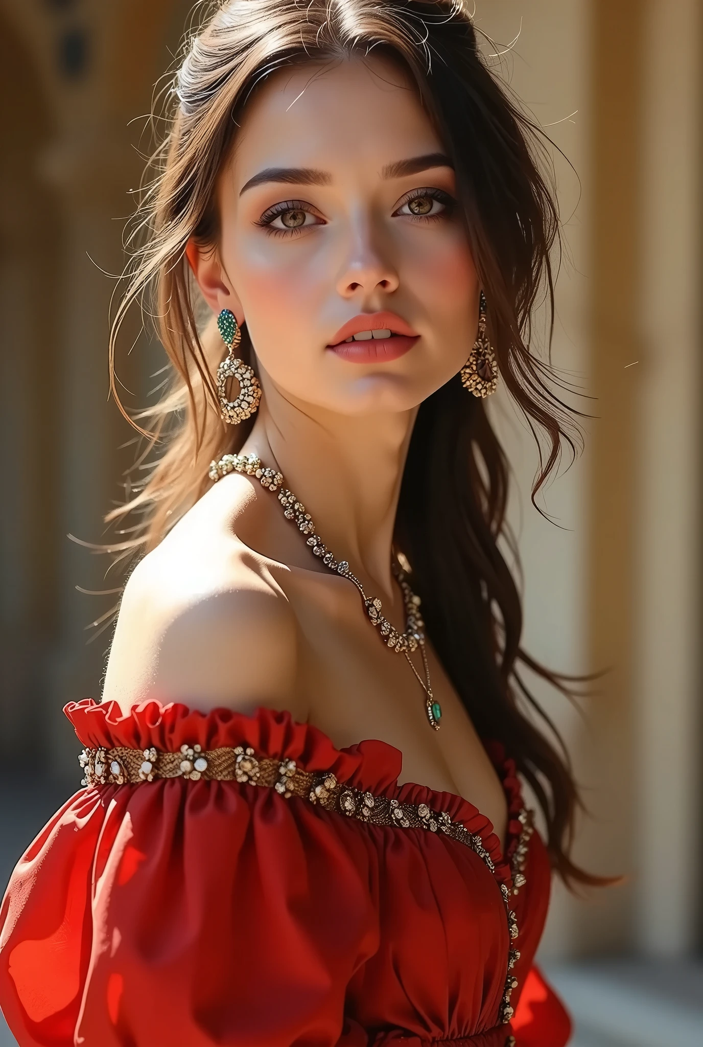 beautiful woman,Pose,Dutch Golden Age costumes,Warm Luster,Graceful Posture,vibrant expression,Delicate skin,Luxurious Jewelry,graceful manners,high quality,4K,high resolution,Realistic,Photographically Faithful,HDR,Studio Light,extreme detail,Professional,vivid colors,Bokeh