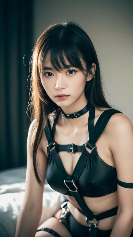 (((Bondage Suit:1.35)))、(((blackい網タイツ:1.35)))、(((Panties:1.35)))、(((High heels:1.35)))、Tabletop, Highest quality, figure, Super detailed, In detail, High resolution, 8k wallpaper, Perfect dynamic composition, Beautiful attention to detail, dress, short hair, Center of chest, Natural color lip, Random sexy poses,smile, Blurred white studio background、20-year-old girl、huge 、Too much exposure、ノーショルダーdress(black)、Expose your breasts、Slid、I keep my hair tied