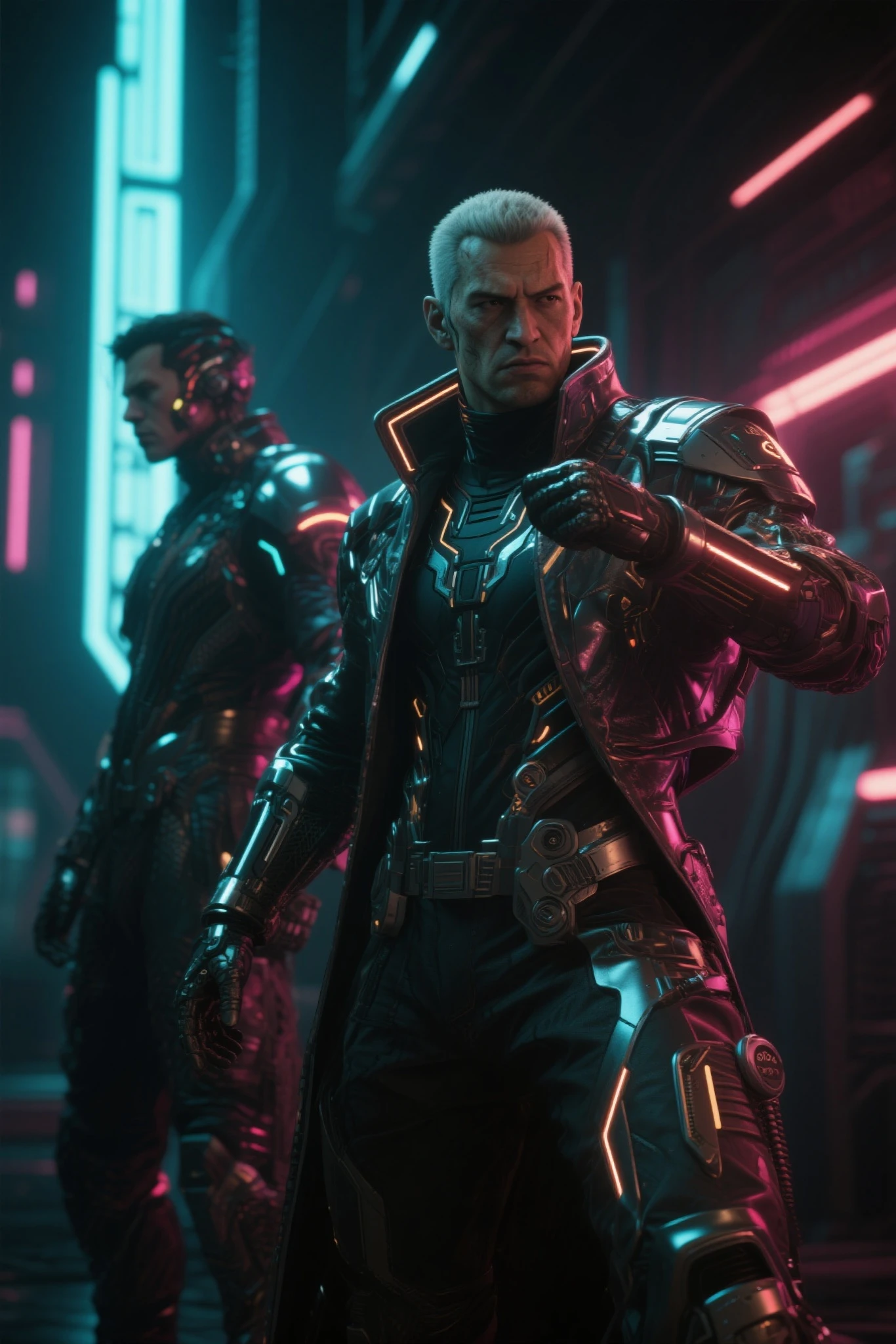 Old man with beard spiky hair psychopath face with eyes of different color robotic two futuristic arms with thin fingers a looser outfit a futuristic boot human body even want him like a cyberpunk medicanico