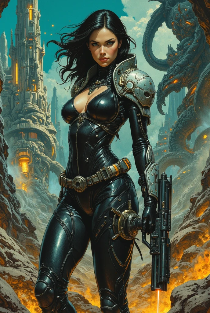 1 barbarian female, heavy metal magazine, ork girl, sexy lips, space-warrior girl, cyborg girl, beautiful bbw girl, chubby girl, woman-warrior, whole body, nude body, Perfect skin, space background, blood rain, dark fantasy, Linsner style, Science fiction, 80s, 16-bit game, VHS era, planet in space background, purple lightning, psychedelic color background, smog, fog, swamp, girl in swamp, mad max style, vhs tape cover