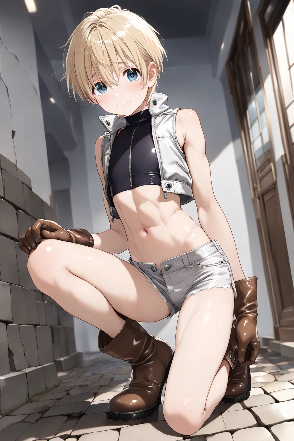 best quality,ultra-detailed,((background:outside street1,8)),(walking in the street),(cowboy shot),((one boy)),((fem boy)),((trap)),((bulge)),black-choker,((blonde short hair)),((man’s face1,8)),((dress up as a woman)),((blush)),((flustred)),((poor chest)),((flat chest)),(sports bra),(short length leggings),(loose-socks),(sneakers),vibrant colors,soft lighting,