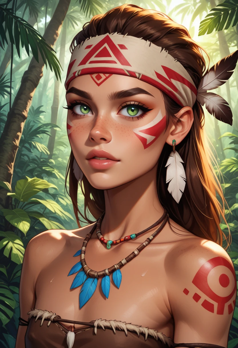 detailing face, detailing body, Wet body, hair over eyes, 1 girl, Alone, hands, Asian, short black hair with red highlights, red eyes, realistic, textures, 8K, perfect hand, perfect anatomy, Profile, visible curves, Breasts, Tribal, native, forest, tribal tattoo, hawaiian mask, hawaiian tribe