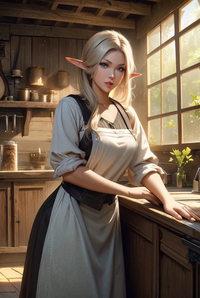 a pretty silver hair female elf cooking fast food with magic, magical fast food kitchen, medieval cooking utensils, magical handgloves, fantasy atmosphere, dramatic lighting, intricate details, cinematic composition, vibrant colors, ethereal, mystical, cosmic, magical culinary, medieval style, oil painting, masterpiece, best quality, 16k, hyperrealistic, ultra-detailed | (visual experience),(Realism), (Realistic),award-winning graphics, dark shot, film grain, extremely detailed, Digital Art, rtx, Unreal Engine, scene concept anti glare effect, All captured with sharp focus. | Rendered in ultra-high definition with UHD and retina quality, this masterpiece ensures anatomical correctness and textured skin with super detail. With a focus on high quality and accuracy, this award-winning portrayal captures every nuance in stunning 16k resolution, immersing viewers in its lifelike depiction. | ((anatomical correctness))), (((perfect_fingers))), (((perfect_legs))), (((perfect_hands))), ((perfect_composition, perfect_design, perfect_layout, perfect_detail, ultra_detailed)), ((enhance_all, fix_everything)), More Detail, Enhance.