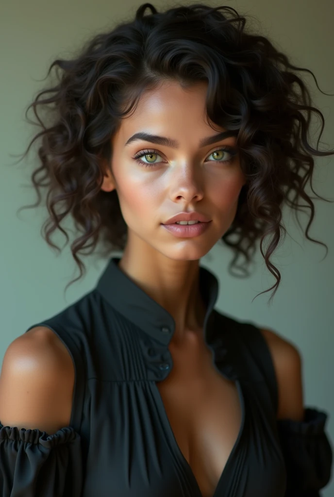 A Brazilian woman, blue-eyed, with curly hair in the lush Brazilian scrubland, wearing an open shirt, with a close-up capturing the harmonious beauty