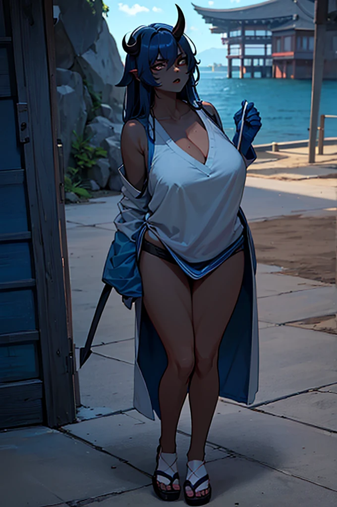 masterpiece, best quality, very aesthetic, absurdres, 1girl, mature_lady, 1boy,faceless_boy,,standing,looking at viewer,,nico_robin(one_piece), black_hair, blue_eyes, medium_hair, shiny_skin, large_breasts, cowboy_hat, crop_top, cross-laced_footwear, knee_boots, white_coat, fur-trimmed_coat, long_coat, purple_shorts,white_footwear,in the canyon,fog,dark,floating_clothes