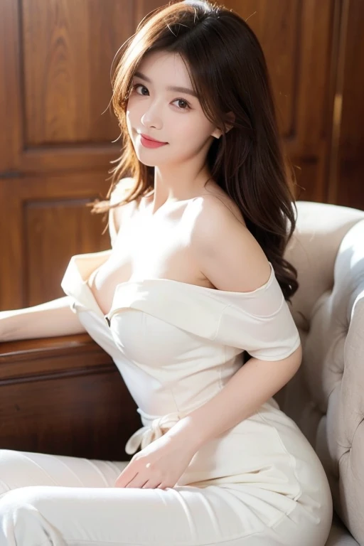 ((Highest quality、8K、High resolution、High resolution、masterpiece:1.3))、One Woman、solo、Very beautiful woman、20 year old Japanese woman、Luxury Lounge、hostess、Full body photo、Sitting on the sofa and staring at this、(Kodak Portra 800 Film SMC Takumar 35mm F/ 2. 8 50 sec:1.1)、(RAW Photos、Photos like the real thing、Full-body photographs:1.2)、Look at us、With a smile、Happy expression、slightly blushing face、Cute face、Light makeup、Natural Makeup、Detailed face、Detailed nose、Detailed lips、Detailed eyes、Beautiful dark brown eyes、Narrow Face、Ultra HD、High definition、Well-proportioned face、Lifelike skin texture、Beautiful and fine skin、Slim figure、Medium breast、Narrow waist、Thin arms、Beautiful feet、Perfect proportions、Light blush、Thin eyebrows、Glossy lips、8th life、Medium Hair、Brown Hair、Slightly inward curled hairstyle、Detailed Hair、Delicate hair type、Dimly lit cabaret club、Woman sitting on a luxurious sofa、Luxuriously decorated store、chandelier、Wearing a sexy dress、A dress with a large neckline、Skirt with slits、Wine Red Dress、Hostess Dress、Luxury champagne、Wearing high heels、Slim waist、D cup bust