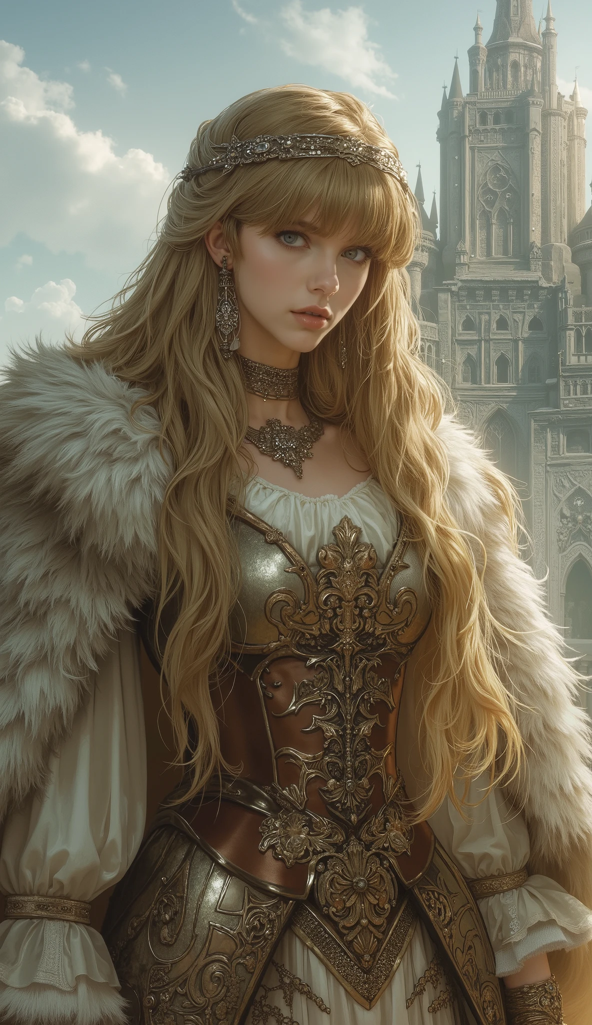 photo still from a 1970s fantasy epic film, a beautiful young Nordic woman as a Slavic princess, (long golden blonde hair with blunt bangs:1.2), (delicate porcelain skin:1.1), innocent yet determined eyes, petite and graceful physique. She wears an (exquisite fantasy Slavic royal gown:1.3) with wide, ornate sleeves, a (gorgeous multi-layered skirt:1.2), and a luxurious fur capelet. An intricate, jeweled hairband adorns her hair. Background features a (majestic fantasy royal castle:1.2) under a dramatic sky. Cinematic lighting, rich textures, highly detailed, sharp focus, vibrant yet period-appropriate colors, award-winning cinematography, professional photography, masterpiece, breathtaking, hyperdetailed, photorealistic, intricate details.