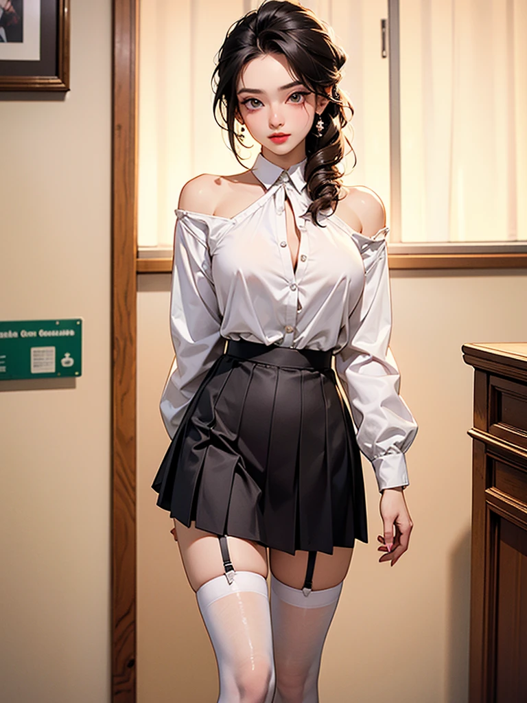 ultra Realistic 8k cg, picture-perfectionな顔, perfection, clean, masterpiece, Professional artwork, Famous works of art, perfectionな顔, Beautiful Face, beautiful eye, ((perfectionな女性の体)), alone,(Immersive atmosphere, Chiaroscuro:1.5,Bright light:1.2,Bright lighting)
,,(blush:0.5),Seductive look,Very detailed_eye,Thick thighs,Large Breasts,
Beautifully detailed backgrounds,Depth of written boundary,Realistic:1.3, Long Shot,One girl,shirt,Pleated skirt, , Sitting, whole body,
(Zhou Haoguang:1.3),(Structure of the film:1.3),(Neon Light:0.1),(High resolution:0.1),Accent lighting, White Pantyhose,
