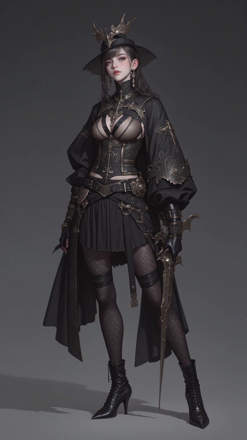 1girl, full body, spy suit, gothic costume, elegant style, steampunk reference, palace dance salon, baroque details, hidden spy weapons, spy equipment hidden in clothes, gothic punk victorian elegant clothing, correas tácticas ocultas, spy girl, tactical spy equipment