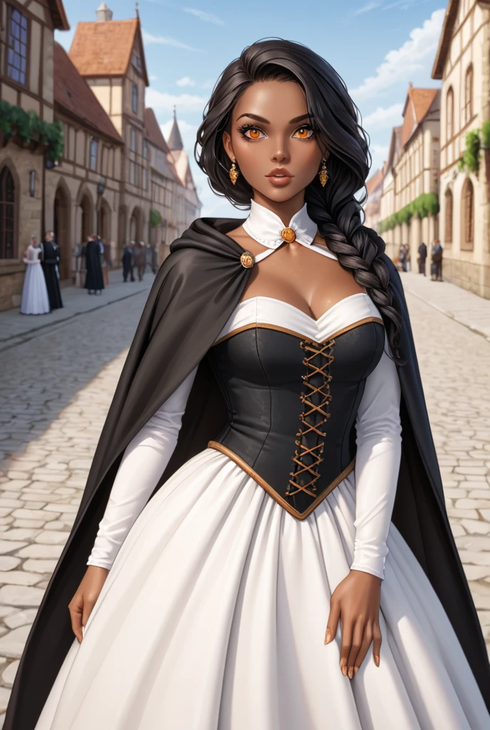 ((best quality)), ((masterpiece)), (detailed), 1girl, mixed race girl, African American + Caucasian girl with lighter skin, young woman, pretty, skinny, white hair, modern western attire, dark cloak, wearing casual clothes underneath cloak, black pants, 2024 style corset top (modern look, no shirt underneath), modest, head scarf