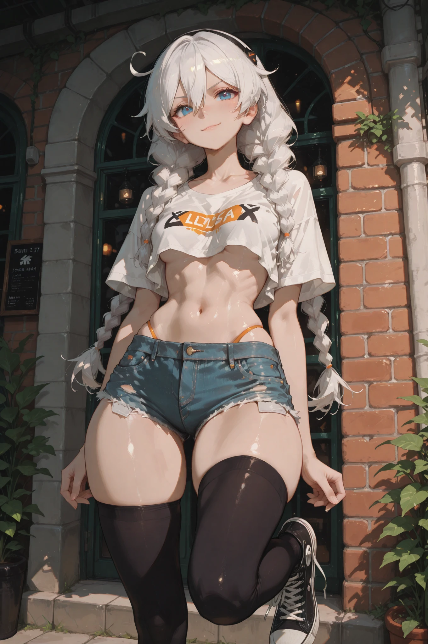 (masterpiece, best quality:1.2), Shader, front shot, 1girl, kawaii, (super big breasts, micro waist, very long legs:1.3), Black hair, short bob hair, short height, scrawny and thin body, Light Skin, cute big eyes, cute beautiful thin face, shorts, pigeon-toed, wet and sweaty, big visible ribs, V sign, Trembling