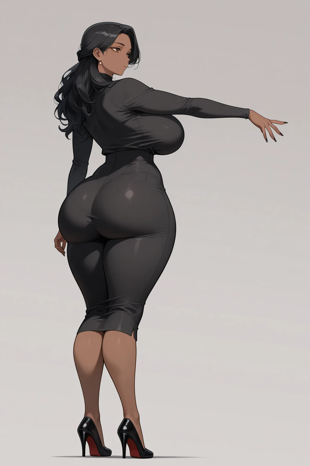 (masterpiece), best quality, expressive eyes, perfect face, vampire girl, huge girl, female muscular:1.2, big breast:1, (underboob), (curvy:1.7) , (straight hair:1.8), ((blank background)), ((full body)), wide hips:1.7, thick thighs:1.3, (long legs:1.4), amazon body, toeless boots, ((pale skin)) , red eyes, black hair, (long fangs) , long gray dress, long sleeves, loose sleeves, covered nipples