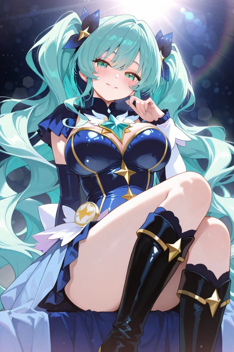 (((anime-style cute face)))、(((20-year-old woman))),(((Light blue twin tails have a lot of hair))),Highest quality, ((Sharp details)), (8k, RAW Photos, Highest quality, masterpiece), (looking at the camera),((((Cute Smile))))、Very big eyes、anatomically correct body、Big thighs、The face is bright、Professional Lighting、Cute little breasts、pretty gold necklace、((Shiny navy blue bikini with frills))、(Shiny navy blue long arm covers)、(A white miniskirt with lively frills:1.2)、(Navy blue long patent leather boots)、Shake it、The background is a sports stadium、Full body view、The frilly hair accessory is cute、Race Queen Pose、Alluring、