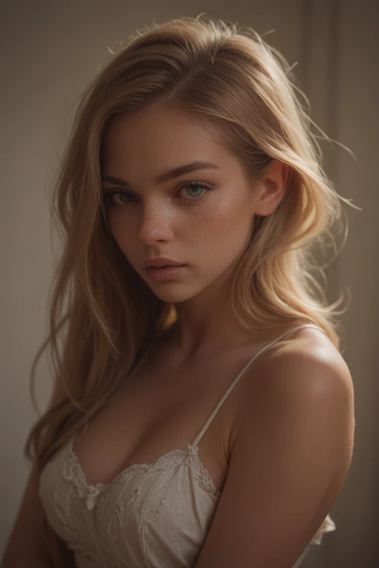 1girl in, age19, Solo, Aesthetic artwork, Irish, wavy strawberry blonde hair, shoulder length hair, gray eyes, light grey eyes, some small freckles, pale skin, A-cup, small breasts, runners body, (textured skin, skin pores:1.1), (moles:0.8), imperfect skin, goosebumps, in a dark bedroom sitting down, relaxing, innocent, (extremely detailed 8k wallpaper), (soft lighting), high quality, film grain, Fujifilm XT3 sharp focus, f 5.6, 50mm, High Detail, Sharp focuoudoir light), in lingerie, lace pattern, nipples poking through, crazy details, complex details, hyperdetailed