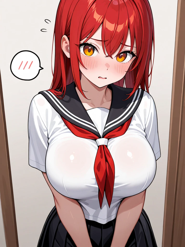 masterpiece, best quality, hires, 1girl, ((milf)) beige sweater, short hair, (((red hair))), huge breasts, speech bubble, smile, standing, (lifted sweater, nipples, bellybutton), <lora:CONCEPT-HipGrabCowgirl:1.0>, POVHipGrabCowgirl, hetero, vaginal, riding, straddling, penis, pov, 1boy, cum, pussy