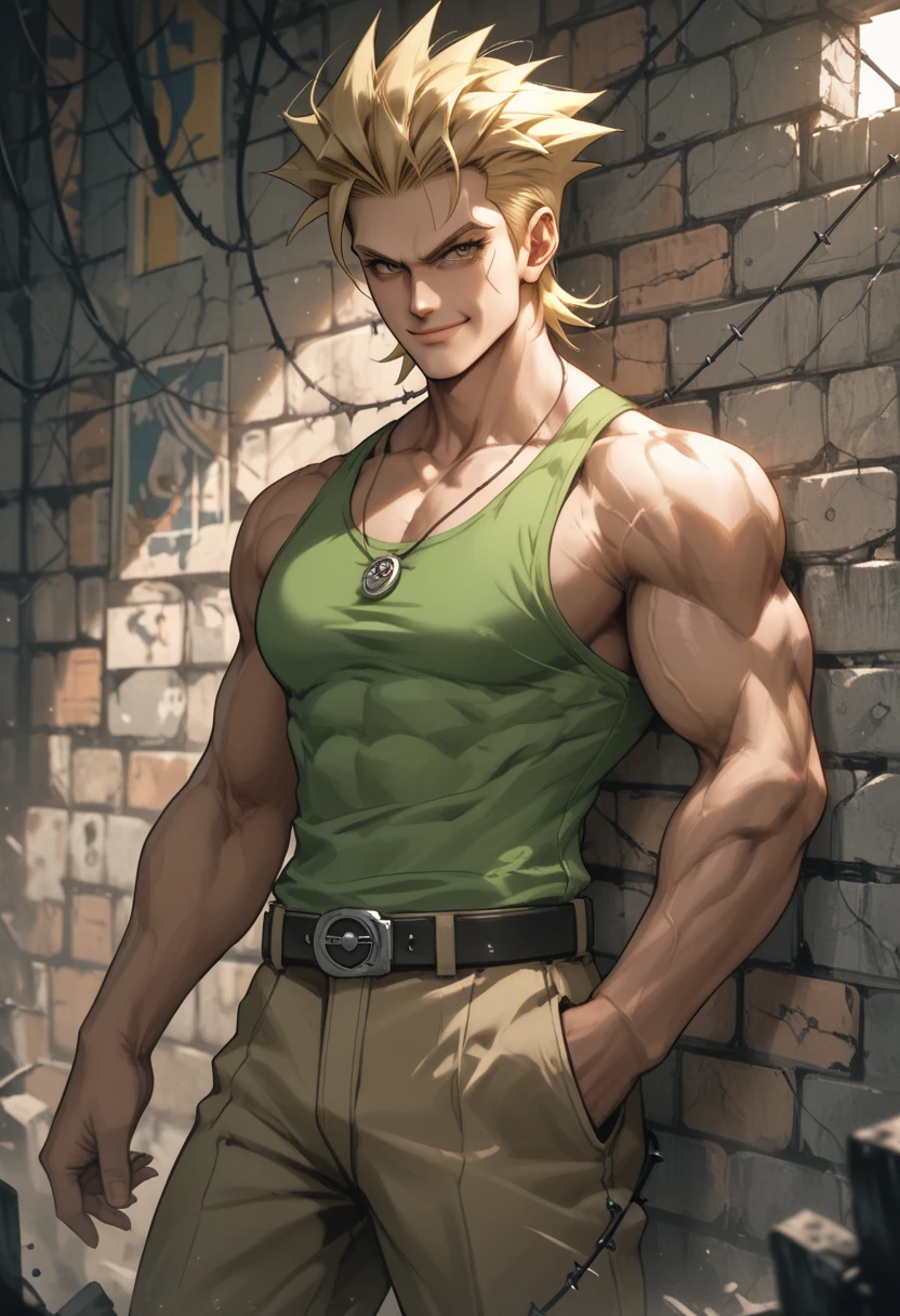 oung man, short blond hair, handsome face, tired expression, green eyes, large muscles, hyper pectoral, thick thigh, large butt. He's wearing a low-cut tank top, black pants, a backwards hat, and a silver chain around his neck, Big bulge