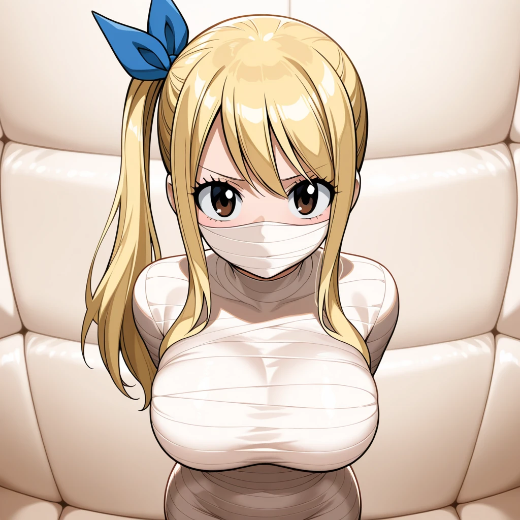 masterpiece, absurdres, 1girl, Lucy Heartfilia, solo, looking at viewer, blonde hair, messy hair, beautiful hair detailed, (Best Quality), length hair, large breasts, breasts out,Bound, Bondage, (arms behind back:1.4), BDSM, tape, TAPE BONDAGE, close-up, srestrained, best anatomy, Curled up, angry face, mouth gagged, crying, Upper body, blushing face, humiliation, desperate, (front), (men touching her ), touching breasts, (((pov hand squeezing breasts))), (((milk dripped from her nipples)))